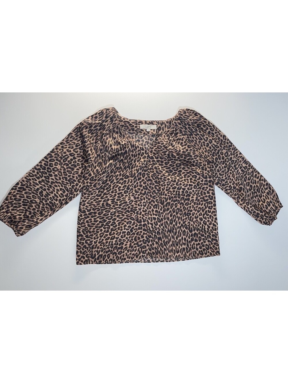 LOFT Top Women’s Size Large Satin Animal Print V Neck Pleated Balloon Sleeve